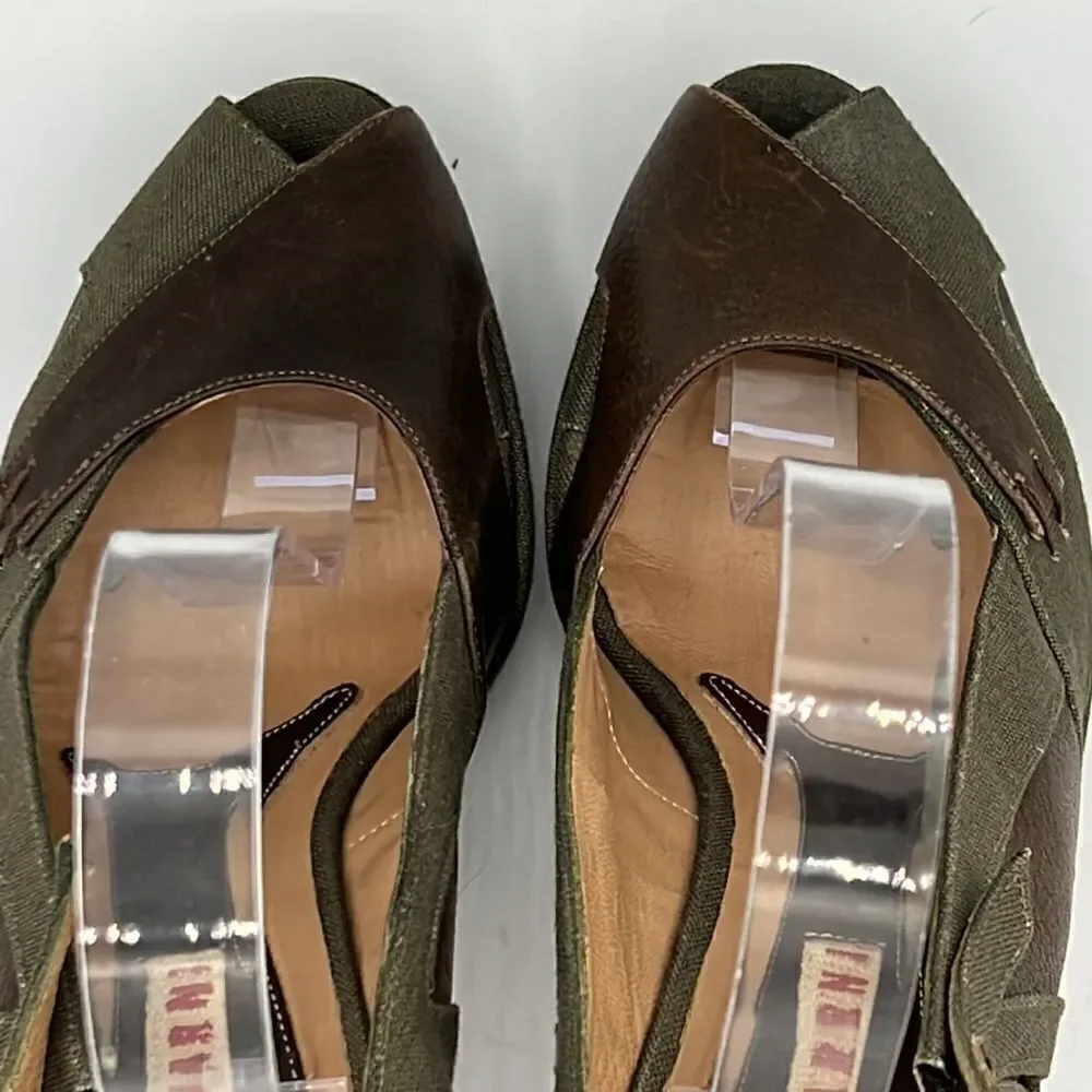 Marni Green Canvas & Brown Leather Peep Toe Slingback Platform Heels EU 40 US 10